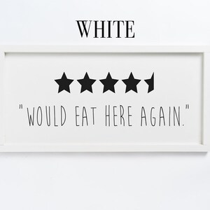 Może przedstawiać: Biały znak w ramie z pięcioma czarnymi gwiazdami i tekstem "WOULD EAT HERE AGAIN."