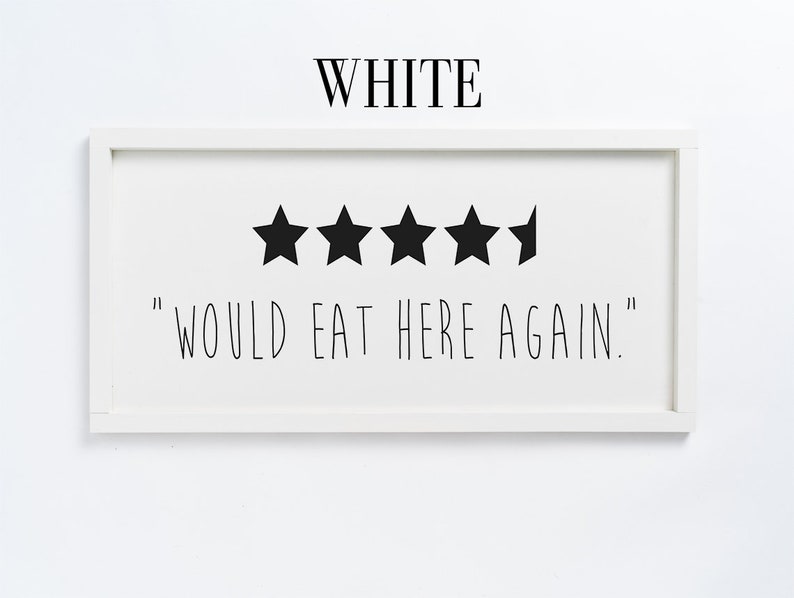Może przedstawiać: Biały znak w ramie z pięcioma czarnymi gwiazdami i tekstem "WOULD EAT HERE AGAIN."