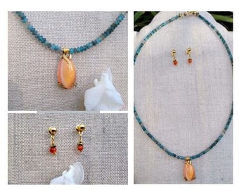 Faceted Apatite and Opal from the Mines of Magdalena. Necklace and Earring Set, Handmade, SemiPrecious Stones. Made in Mexico