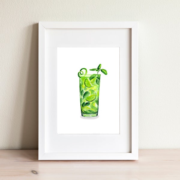 Puede incluir: Una pintura de acuarela de un refrescante cóctel mojito verde en un vaso alto con rodajas de lima y hojas de menta.