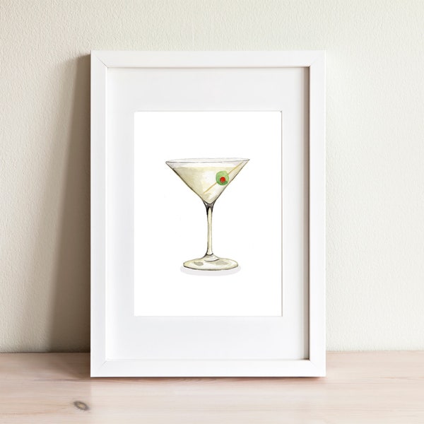 Impresión de acuarela Martini, Arte original de acuarela, Decoración del carrito de bar, Cóctel