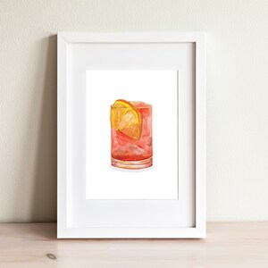 Negroni Akwarela Druk, Oryginalna Sztuka Akwarelowa, Dekoracja Wózka Barowego, Koktajl