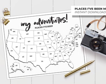 Places I've Been Map, United States Map, States I’ve Visited, My Adventures Map, Road Trip Map, Printable Map Tracker