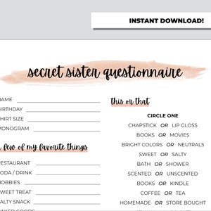 Secret Sister Questionnaire, Gift Exchange Survey and Favorite Things Quiz, Secret Sister ...