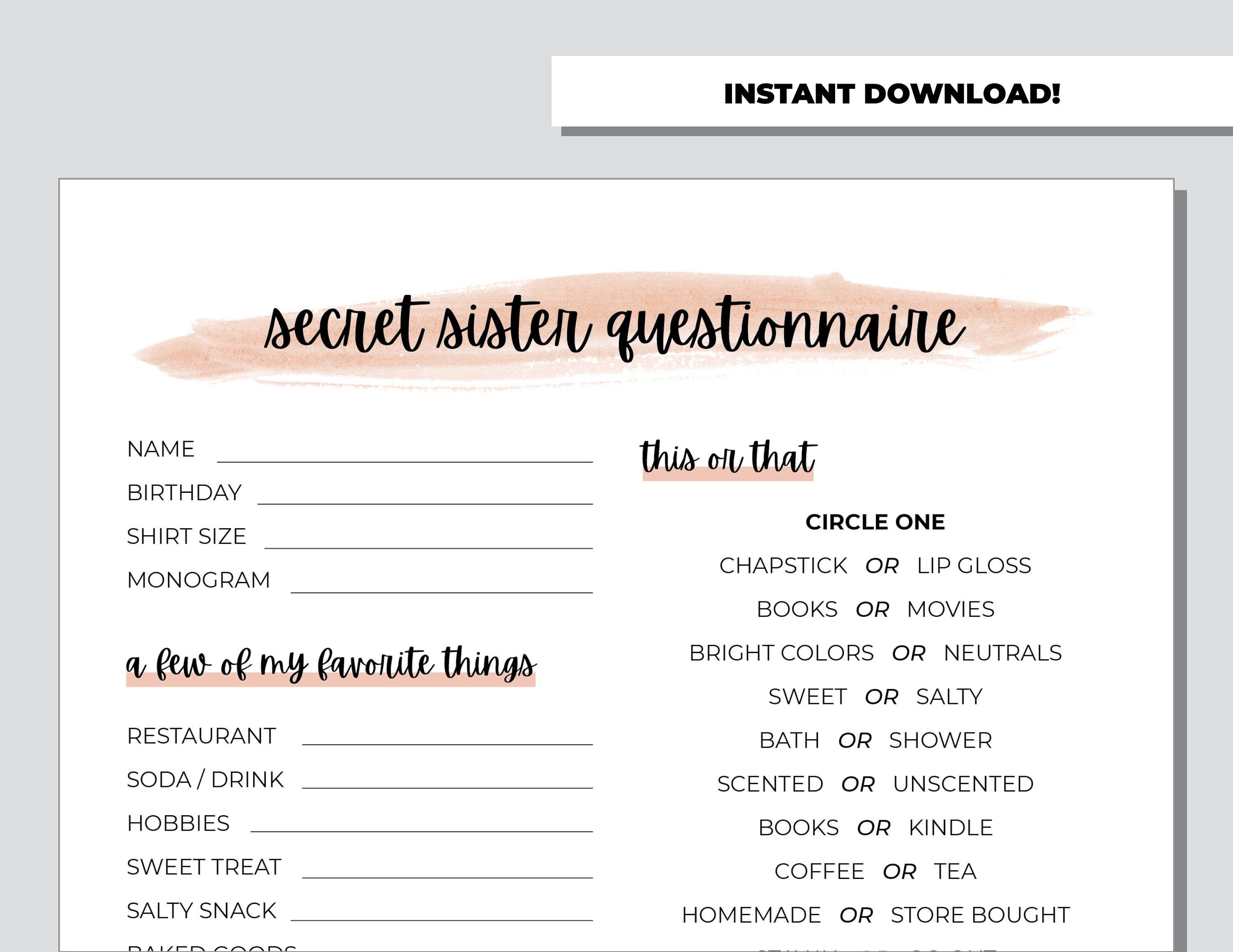 secret sister questionnaire, gift exchange survey and favorite