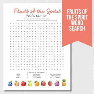 Fruits of the Spirit Word Search, Religious Word Search, Christian Printable Games, Sunday School Activity, Bible Group Game