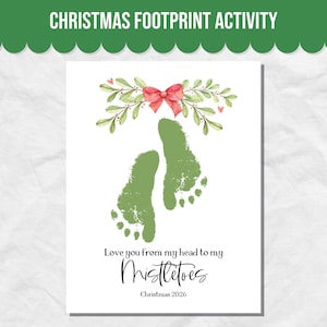 ヤドリギの手形アート、赤ちゃんの初めてのクリスマスに使える印刷可能なクリスマス手形アクティビティ、子供向けホリデー手形クラフト、足形アート