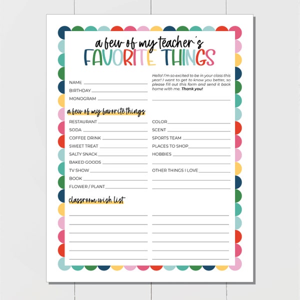 Teacher Favorite Things, All About the Teacher Printable with Classroom Wishlist, Teacher Questionnaire, Questions for Teachers