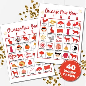 Juego de bingo de año nuevo chino, juego imprimible para actividades en el aula, juego de bingo de año nuevo lunar para niños, tarjetas de bingo para año nuevo chino