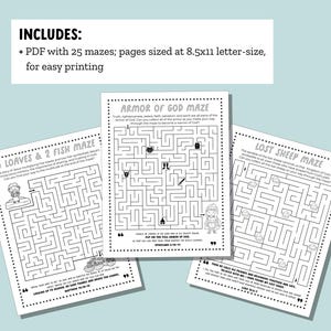 Peut inclure: Un ensemble de trois feuilles de travail de labyrinthe imprimables pour les enfants. Les labyrinthes pr&eacute;sentent des histoires bibliques, notamment l'Armure de Dieu, 5 pains et 2 poissons, et la brebis perdue. Chaque labyrinthe comprend un verset biblique.