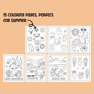 May include: A set of 15 black and white coloring pages featuring summer themes. The pages include images of ice cream, a flamingo, a surfboard, a fish, a beach scene, and more. The text "Let's go outside!" and "Keep swimming!" are included on two of the pages.