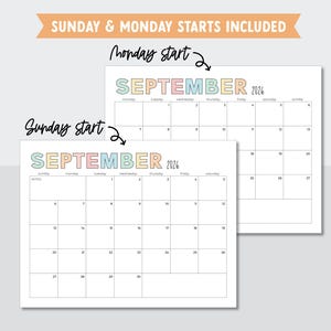 K&ouml;nnte beinhalten: Zwei wei&szlig;e Papierkalender f&uuml;r September 2026, einer beginnend am Sonntag und der andere am Montag. Das Wort "September" ist in Pastellfarben gehalten. Der Text "Sunday & Monday starts included" steht oben.