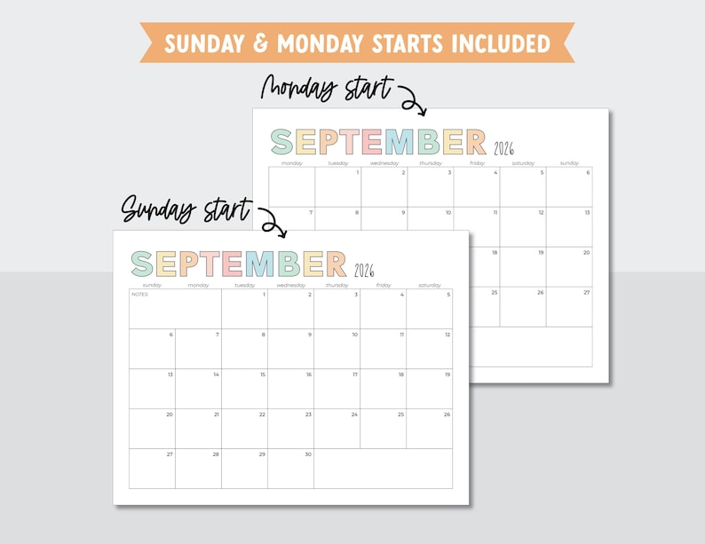 K&ouml;nnte beinhalten: Zwei wei&szlig;e Papierkalender f&uuml;r September 2026, einer beginnend am Sonntag und der andere am Montag. Das Wort "September" ist in Pastellfarben gehalten. Der Text "Sunday & Monday starts included" steht oben.