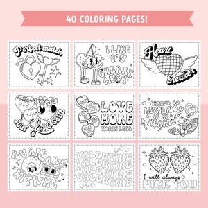 Retro Valentine Coloring Pages for Kids - 40 Groovy and Festive Coloring Sheet Bundle for Valentines Day Coloring Fun image 6