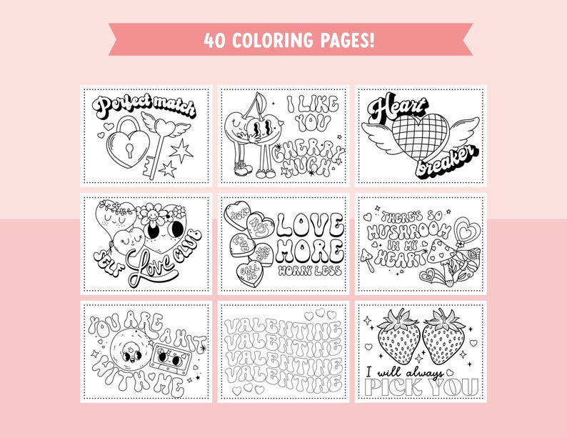 Retro Valentine Coloring Pages for Kids - 40 Groovy and Festive Coloring Sheet Bundle for Valentines Day Coloring Fun image 6