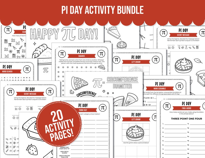 Puede incluir: Un paquete de actividades imprimibles para el D&iacute;a de Pi con 20 p&aacute;ginas de actividades. Las p&aacute;ginas presentan una variedad de actividades, que incluyen b&uacute;squedas de palabras, laberintos, p&aacute;ginas para colorear y mucho m&aacute;s. Las p&aacute;ginas est&aacute;n decoradas con un tema de pastel y el n&uacute;mero pi.