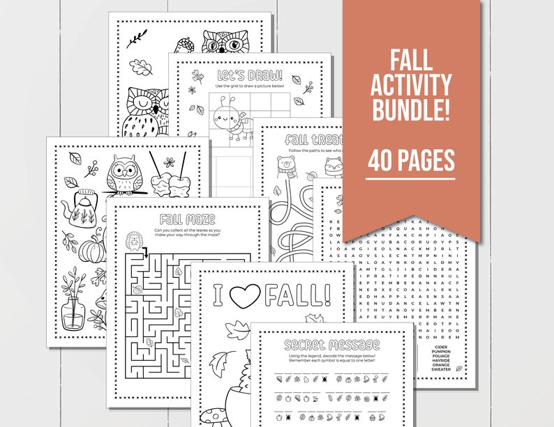 Fall Printable Activity Bundle including Coloring Pages, Word Search, Word Scramble, Games, Maze Activity and More Fall Kids Activities image 1