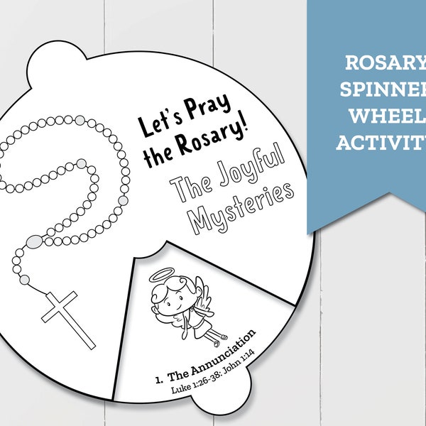 Learning the Rosary Printable featuring the Joyful Mysteries in a Spinner Wheel, Perfect Sunday School Activity or Christian Coloring Page