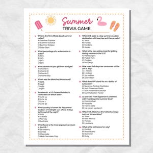 Summer Trivia Game for Pool Party, Fun Trivia Game for Family Game Night, Summer Party Game, Summer Trivia Night, Summer Quiz for Icebreaker
