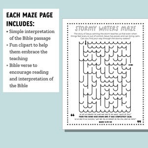 Peut inclure: Activit&eacute; de labyrinthe imprimable en noir et blanc pour les enfants avec une mer orageuse et des vagues. Le labyrinthe comprend le verset biblique "Alors le vent cessa et il fit un grand calme." Marc 4:39-40.