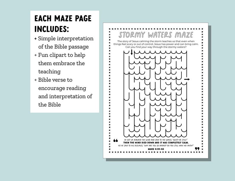 Peut inclure: Activit&eacute; de labyrinthe imprimable en noir et blanc pour les enfants avec une mer orageuse et des vagues. Le labyrinthe comprend le verset biblique "Alors le vent cessa et il fit un grand calme." Marc 4:39-40.
