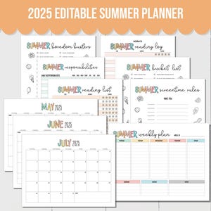 EDITIERBARER Sommer 2025 Planer für Kinder! Das Bundle enthält einen bearbeitbaren Sommerkalender, eine Sommerbucketliste, eine Aufgabenliste für Kinder, einen Planer und vieles mehr!