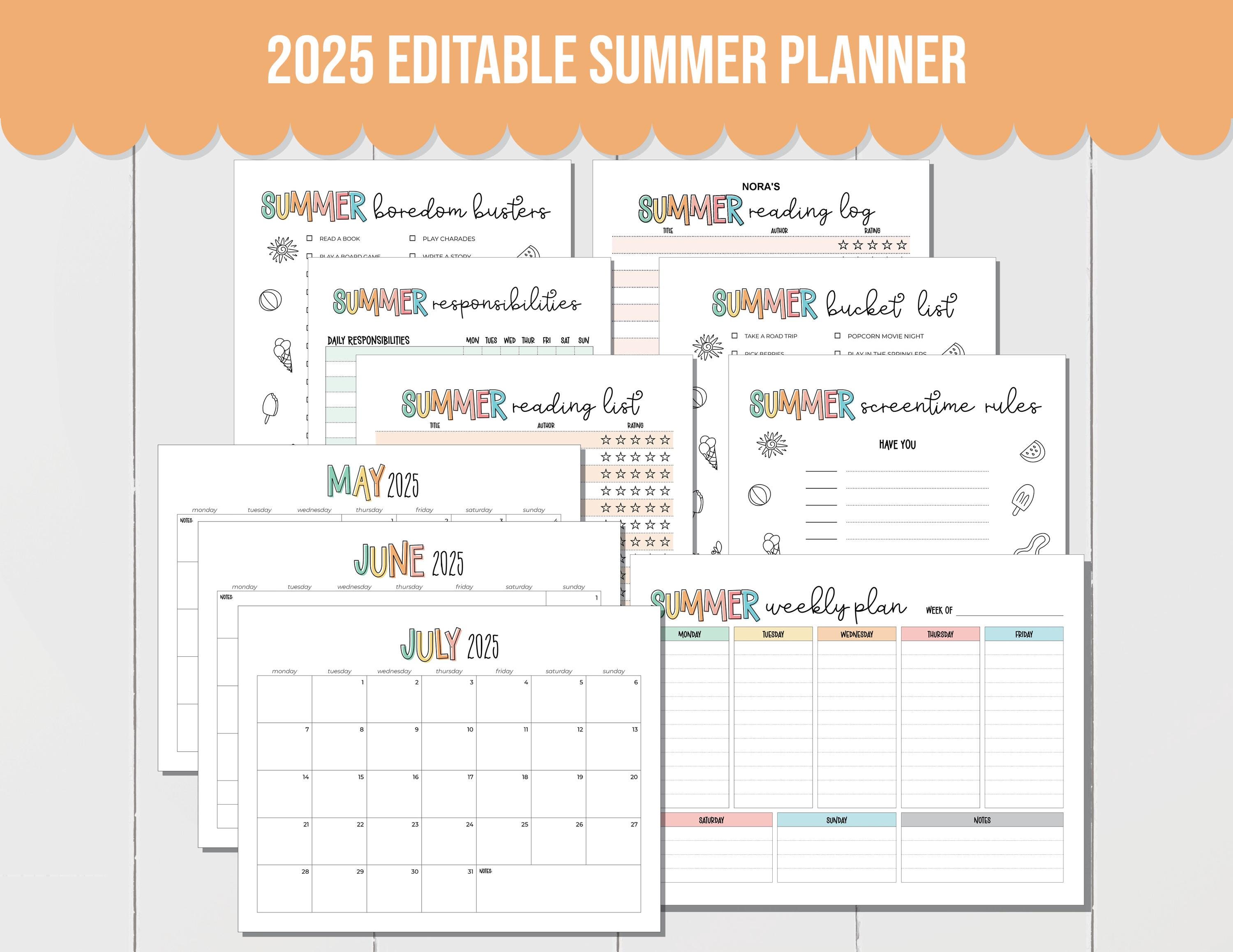 EDITABLE Summer 2025 Planner for Kids! Bundle includes editable summer calendar, summer bucket list, chore chart for kids, planner and more!