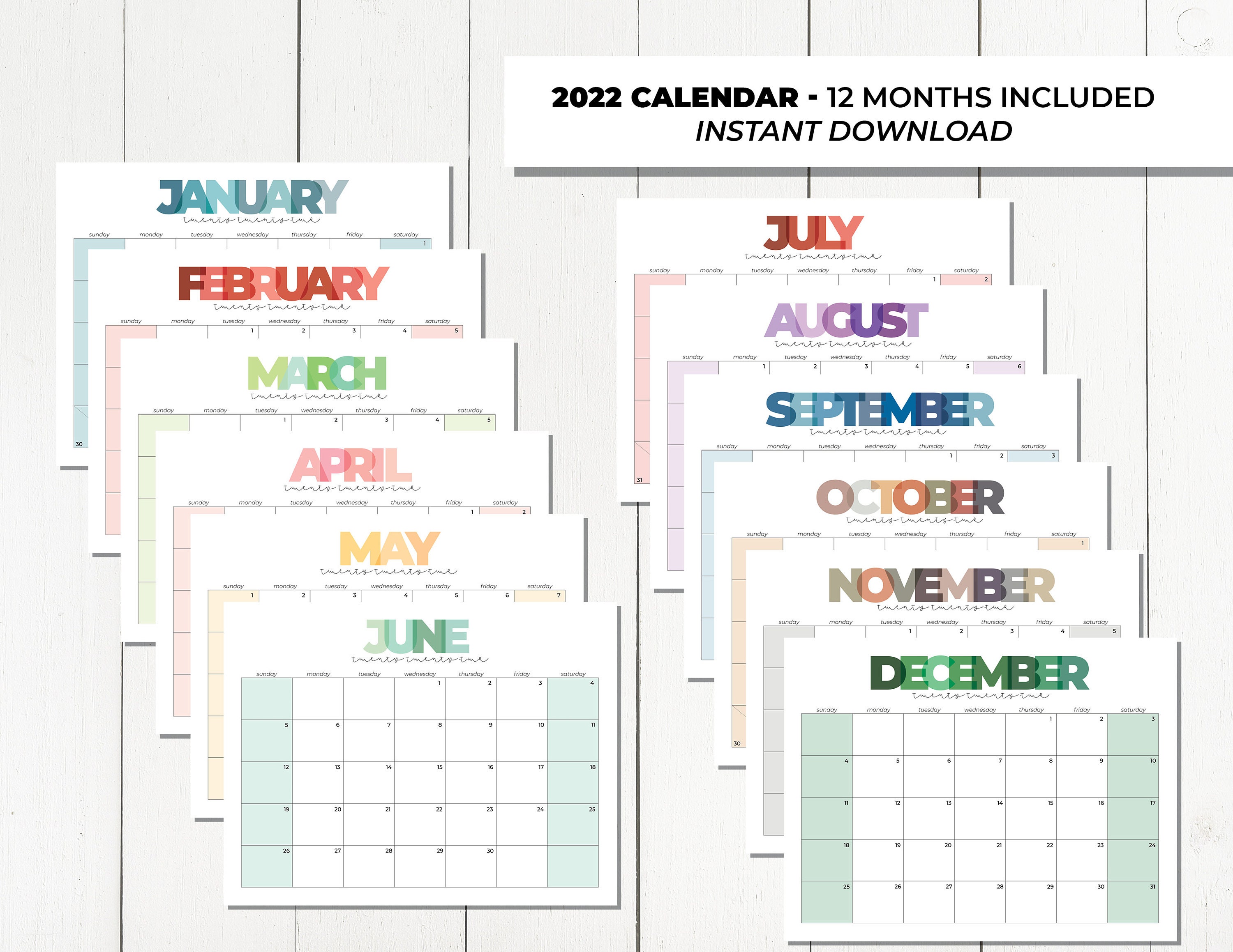 2022 Calendar Printable 12 Months Included With Colorblock - Etsy