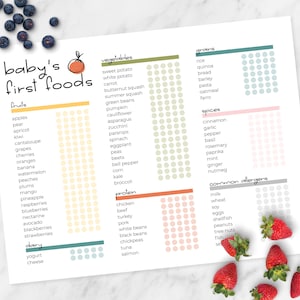 Puede incluir: Una guía impresa titulada "baby's first foods" enumera frutas, verduras, granos, especias, proteínas y alérgenos comunes. La guía está decorada con un dibujo de una naranja y arándanos y fresas.