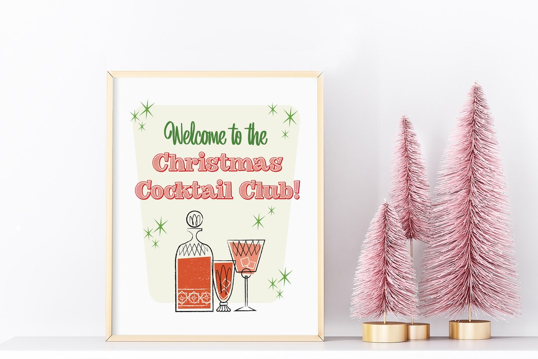 Retro Christmas Bar Cart Sign, Printable Midcentury Modern Cocktail Bar