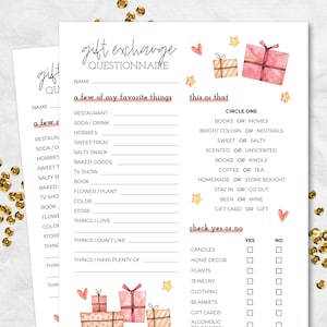 Gift Exchange Questionnaire, Gift Exchange Survey and Favorite Things Quiz, Secret Santa Printable, All About Me, Instant Download PDF