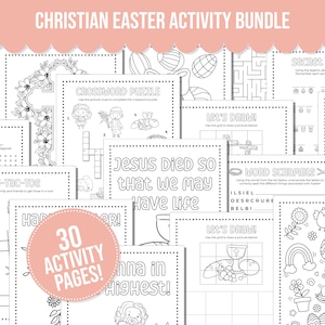 May include: A black and white printable activity booklet for children featuring 30 pages of Easter-themed activities, including word searches, mazes, tic-tac-toe, and coloring pages. The booklet includes the text "Jesus Died So That We May Have Life" and "30 Activity Pages!"
