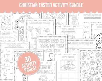 Lot d'activités chrétiennes pour Pâques comprenant des pages à colorier de la Bible, des pages d'activités pour le carême et des activités chrétiennes pour les enfants de Pâques