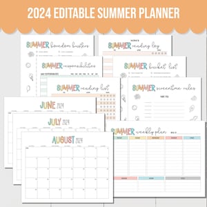 EDITABLE Summer 2024 Planner for Kids! Bundle includes editable summer calendar, summer bucket list, chore chart for kids, planner and more!