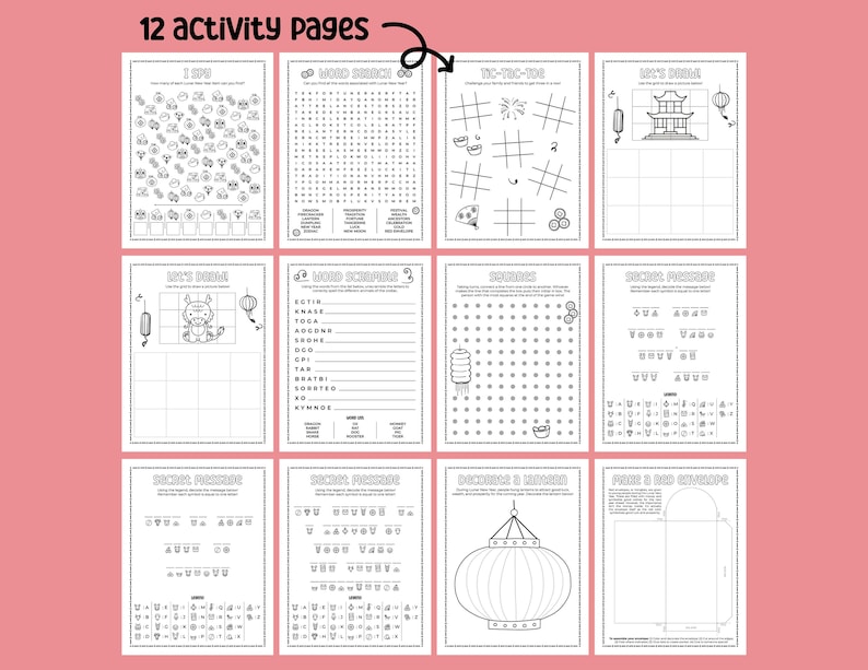 Lunar New Year Printable Activity Bundle with Coloring Pages, Word Search, Word Scramble, Games, Mazes! Chinese New Year Kids Activities image 3
