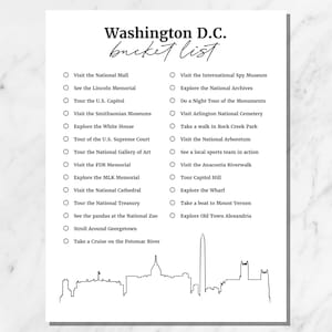 Washington DC Bucket List Printable with Washington DC Travel Ideas, Travel Bucket List for DC