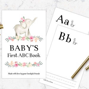 Baby Shower ABC Book for Elephant Baby Shower, Floral First Alphabet Book for Baby Shower Game, Printable Baby&#39;s First ABC Book Activity