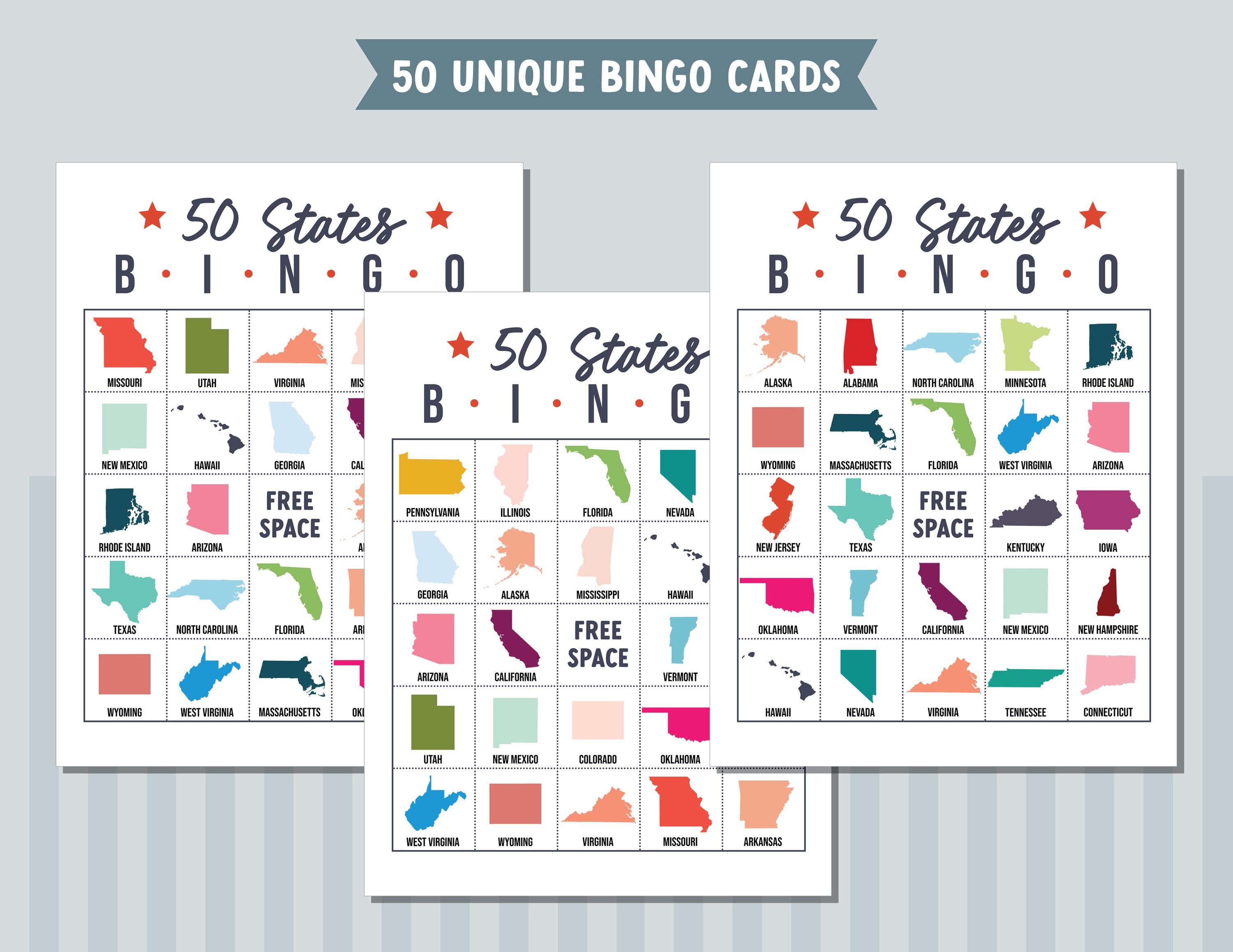 50 States Bingo Game With 50 Unique Bingo Cards, Fun Geography Bingo ...