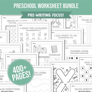 May include: A collection of preschool worksheets with a pre-writing focus. The worksheets include tracing lines, shapes, letters, and numbers. The bundle includes over 400 pages of educational activities for young children.