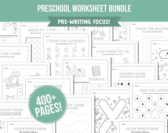 Preschool Learning Worksheets Bundle, Prewriting Worksheets to Learn Alphabet Numbers Math Colors Shapes, Preschool Do-A-Dot Activity