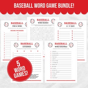 May include: A bundle of five baseball-themed word games. Each game sheet features a baseball graphic and a different activity, including word searches, scrambles, and fill-in-the-blank challenges. The bundle is designed for baseball fans.