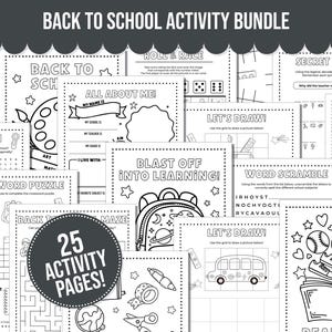 Może przedstawiać: Czarno-biały pakiet aktywności z tekstem "Back to School Activity Bundle" i "25 Activity Pages!". Zawiera strony do rysowania, łamigł&oacute;wek słownych, labirynt&oacute;w i innych. Idealny dla dzieci.