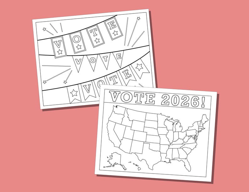 VOTE! Coloring Pages for 2026 Election, 8 Coloring Sheets with VOTE message, Perfect for an election classroom activity image 3