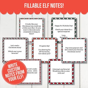 Könnte beinhalten: Druckbare Weihnachts-Elfen-Notizen mit roten und weißen Zuckerstangenstreifen, grünen und weißen Streifen und schwarzen und weißen Punkten. Die Notizen enthalten Sätze wie "Lasst uns eine Weihnachtsgeschichte lesen!" und "Es ist Spieltag! Ich feuere die Elfen-Universität an. Wie sieht's bei dir aus?"