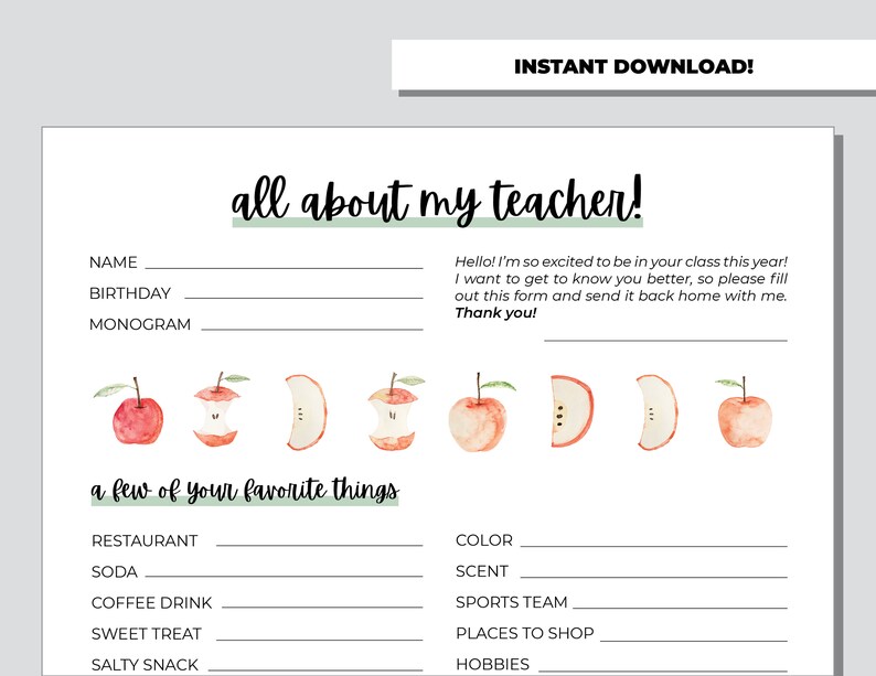 All About the Teacher Printable With Classroom Wishlist - Etsy