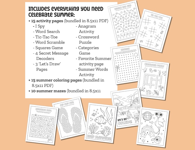 May include: Black and white printable activity pages for kids featuring summer themes like ice cream, flip flops, and a beach scene. The pages include word searches, mazes, and coloring pages.