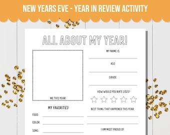 Kids Year in Review Activity, New Year Resolutions for Kids, New Year's Eve Year in Review Printable, NYE Activities for Kids, NYE 2025