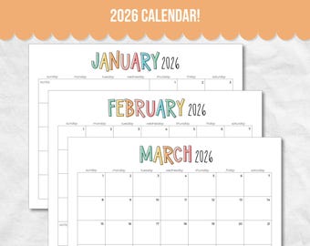 2026年カレンダー（印刷可能）、日曜始まり、レター、横長月間プランナー、ミニマル月間カレンダー、2026年カレンダー（印刷可能）
