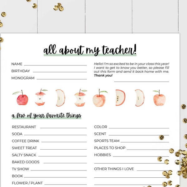 All About the Teacher Printable with Classroom Wishlist, Teacher Questionnaire, Questions for Teachers, Teacher Favorite Things Survey