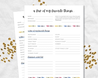 All About the Teacher Printable with Classroom Wishlist, Teacher Questionnaire, Questions for Teachers, Teacher Favorite Things Survey